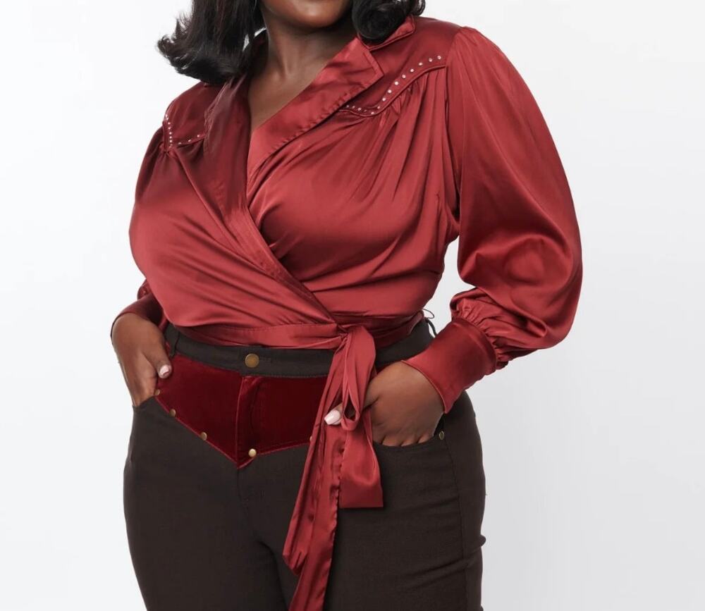 Unique Vintage NWT Plus Size Burgundy Satin Western Wrap Crop Top Size XL/14